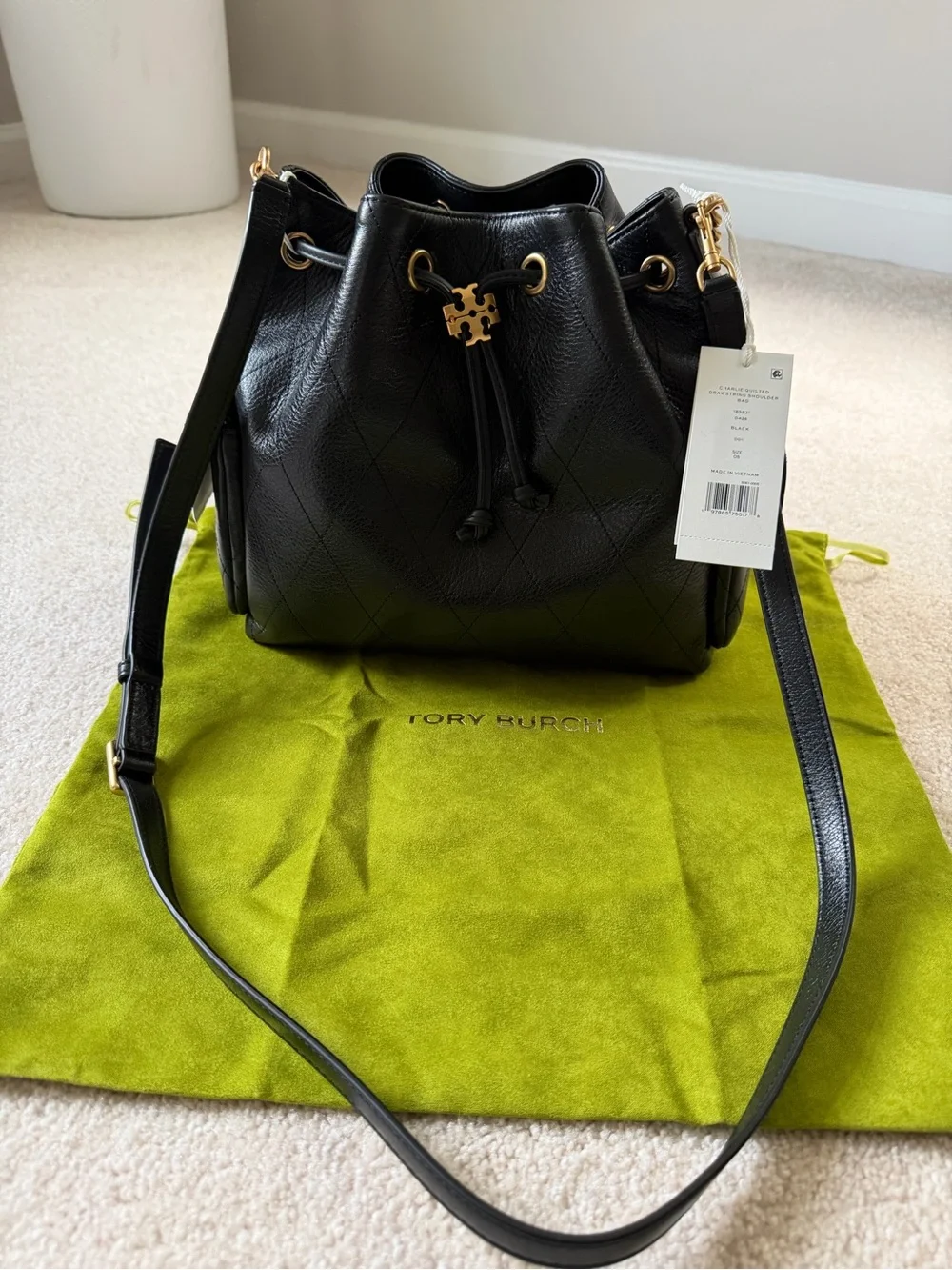 NWT Tory Burch Black Charlie Drawstring Bag